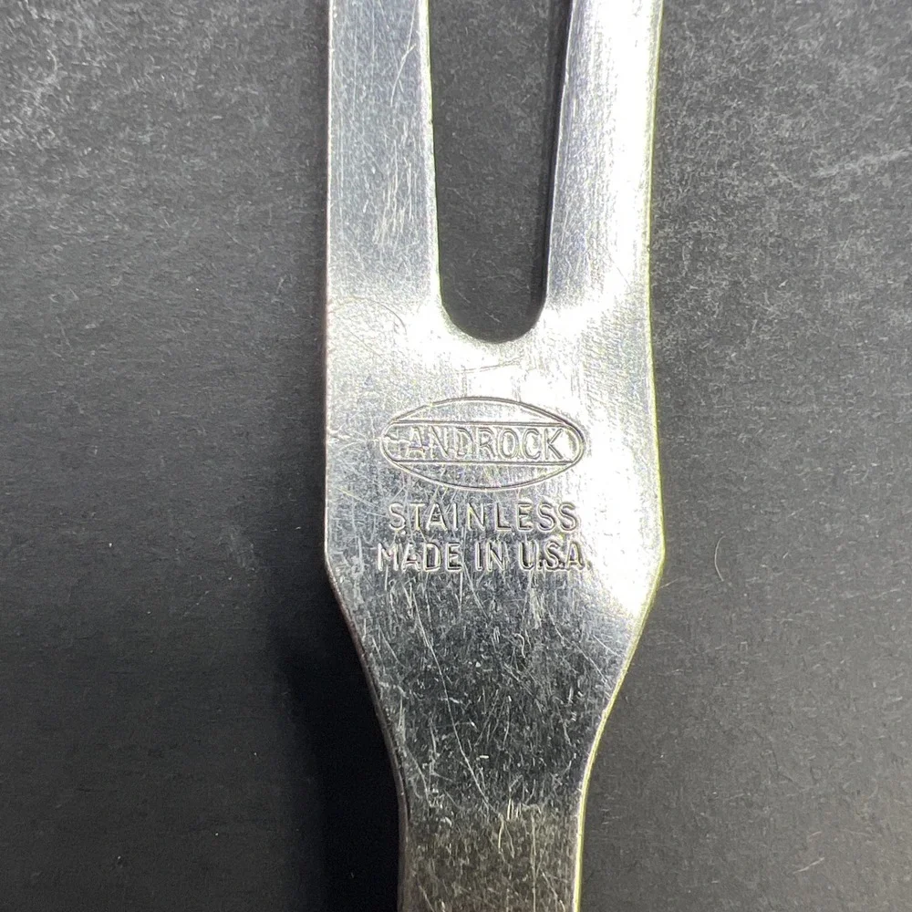 Vintage 2pc Androck Stainless Slotted Spoon & Fork USA Black Handle